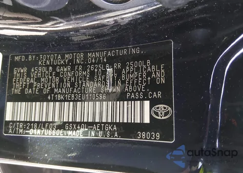 2014 Toyota Avalon Xle Premium z USA, uszkodzony, nr VIN 4T1BK1EB3EU110586